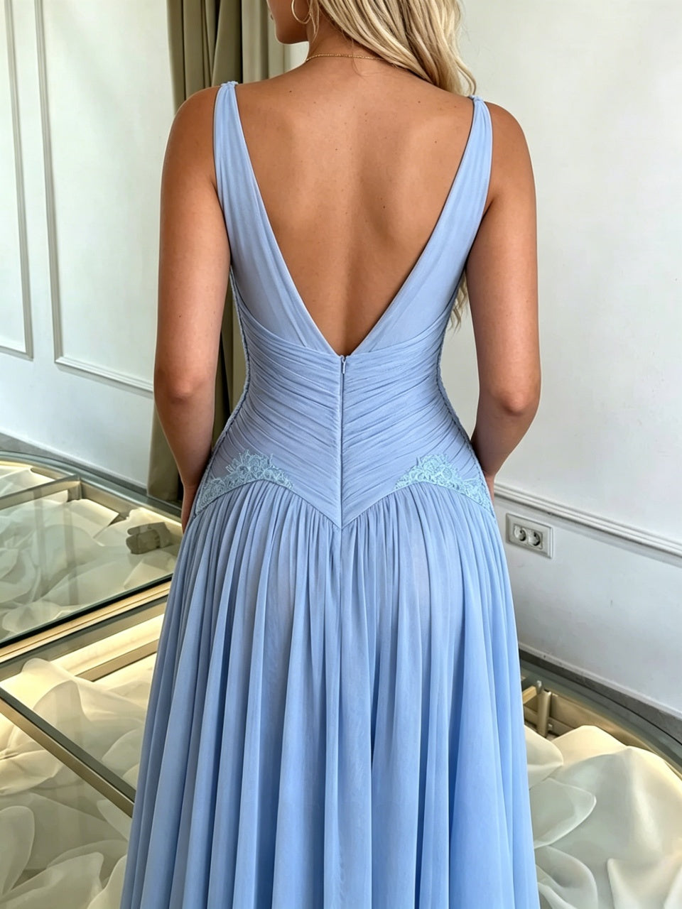 Elegant A-Line V-Neck Pleated Lace Sky Blue Floor-Length Evening Dress