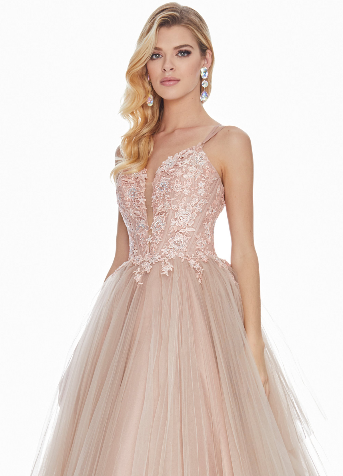 Elegant A-Line V-Neck Sleeveless Tiered Backless Blush Long Prom Dresses Women