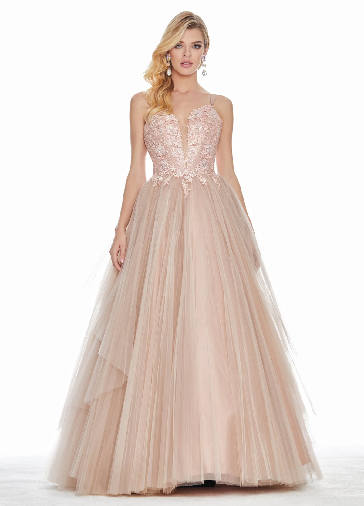 Elegant A-Line V-Neck Sleeveless Tiered Backless Blush Long Prom Dresses Women