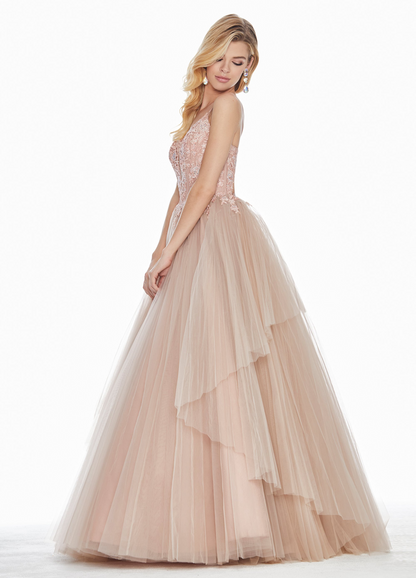 Elegant A-Line V-Neck Sleeveless Tiered Backless Blush Long Prom Dresses Women