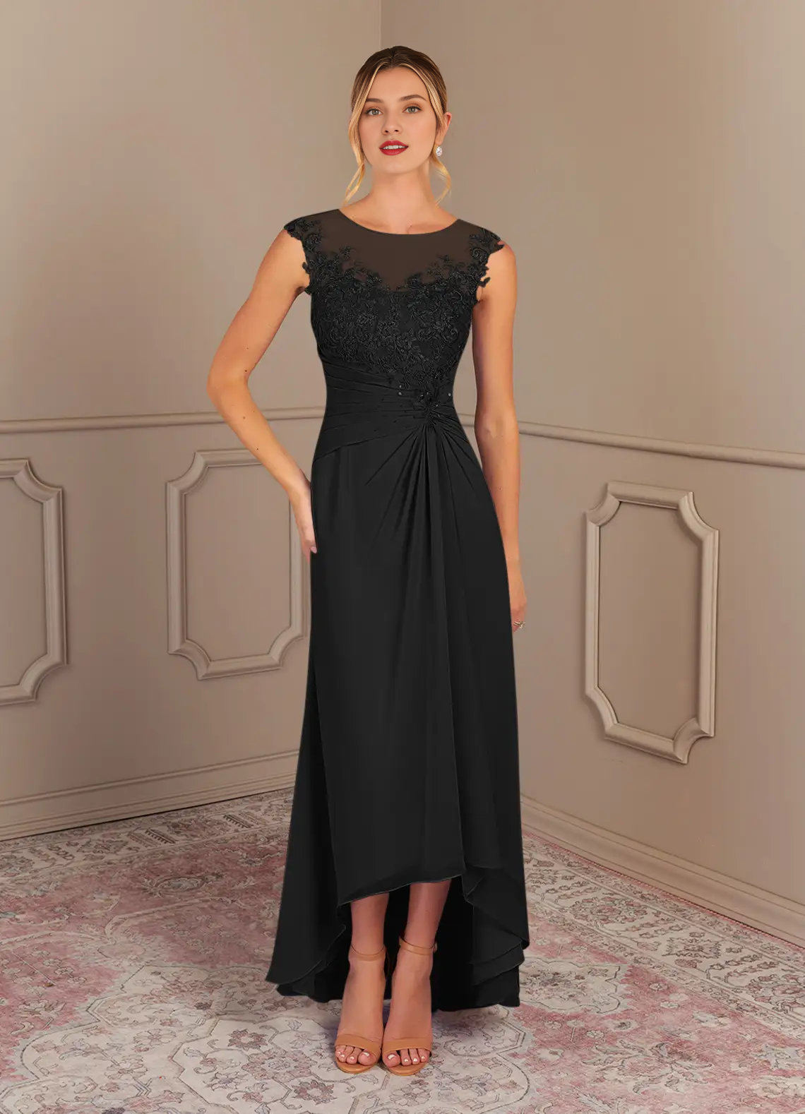 Elegant A-line Illusion Neck Cap Sleeve Lace High Low Mother of the Bride Dress