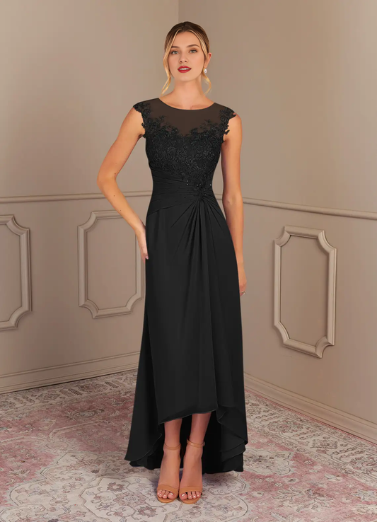Elegant A-line Illusion Neck Cap Sleeve Lace High Low Mother of the Bride Dress