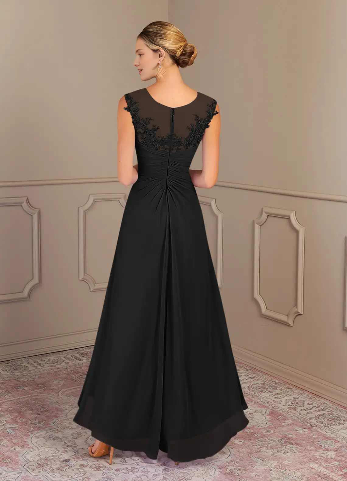 Elegant A-line Illusion Neck Cap Sleeve Lace High Low Mother of the Bride Dress