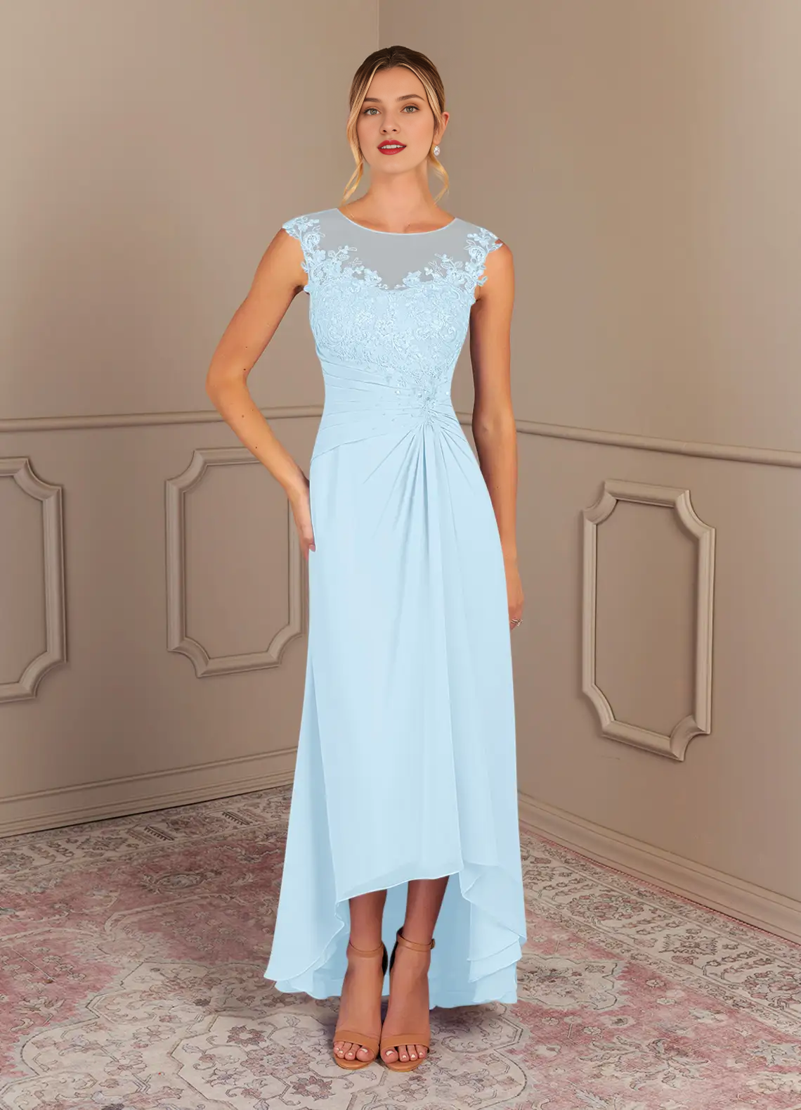 Elegant A-line Illusion Neck Cap Sleeve Lace High Low Mother of the Bride Dress