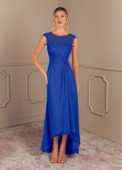 Elegant A-line Illusion Neck Cap Sleeve Lace High Low Mother of the Bride Dress
