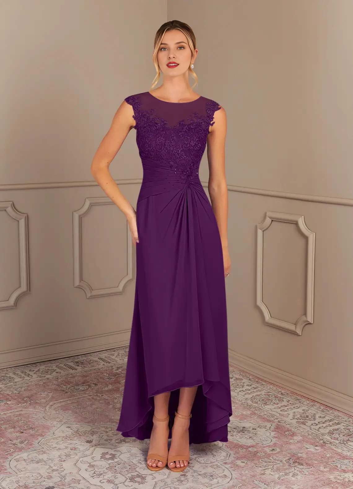 Elegant A-line Illusion Neck Cap Sleeve Lace High Low Mother of the Bride Dress