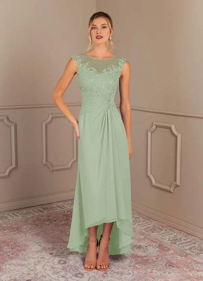 Elegant A-line Illusion Neck Cap Sleeve Lace High Low Mother of the Bride Dress
