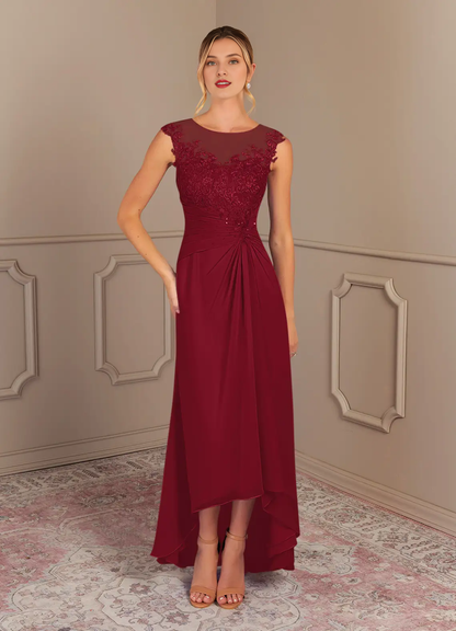 Elegant A-line Illusion Neck Cap Sleeve Lace High Low Mother of the Bride Dress