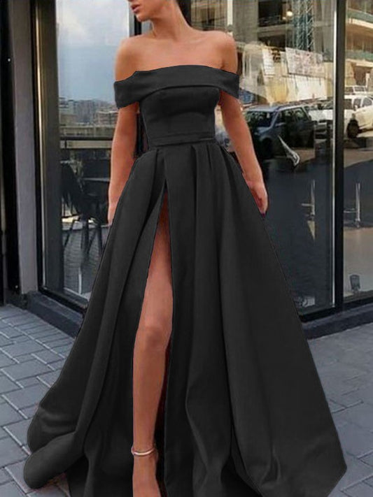 Elegant A-line Off The Shoulder Sleeveless High Slit Floor Length Formal Evening Dress
