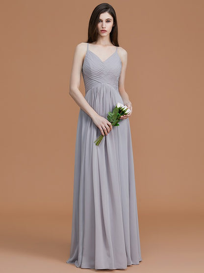 Elegant A-line V Neck Spaghetti Strap Keyhole Back Floor Length Bridesmaid Dress