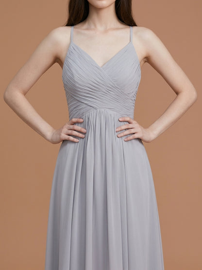 Elegant A-line V Neck Spaghetti Strap Keyhole Back Floor Length Bridesmaid Dress