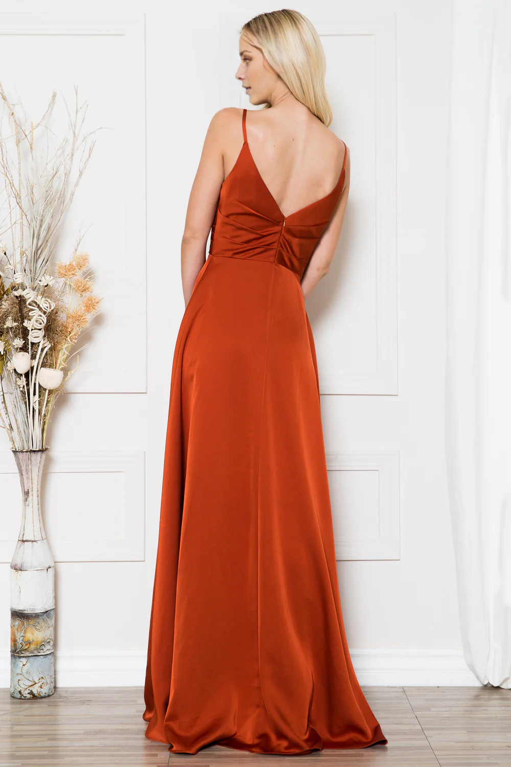 Elegant A-line V Neck Spaghetti Strap V Back High Slit Floor Length Evening Dress