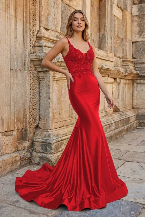 Elegant Appliqued Mermaid Deep V-Neck Sleeveless Open Back Floor-Length Evening Dresses with Train