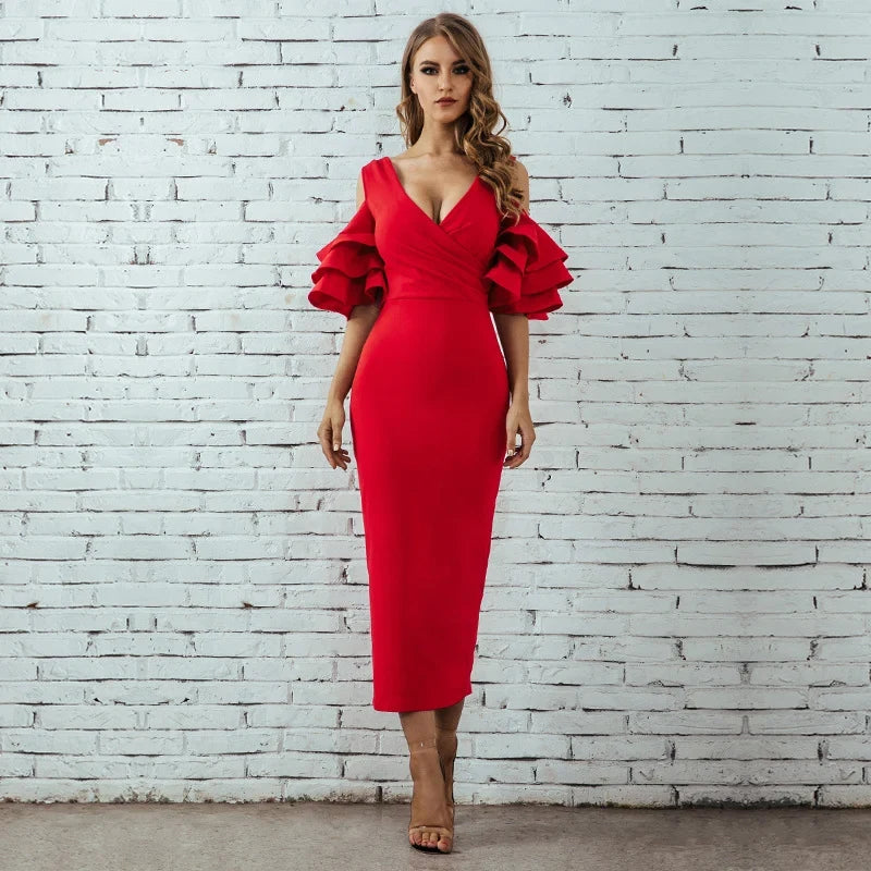 Elegant Bodycon V-Neck Cold-Shoulder Tiered Ruffle Red Midi Evening Dresses Women