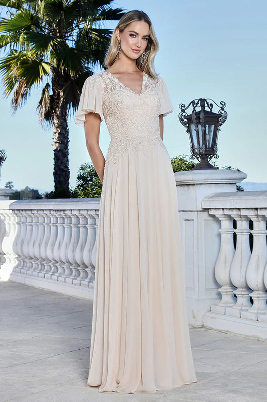 Elegant Champagne A Line V Neck Flutter Sleeves Illusion Back Floor Length Mother of the Bride Dress