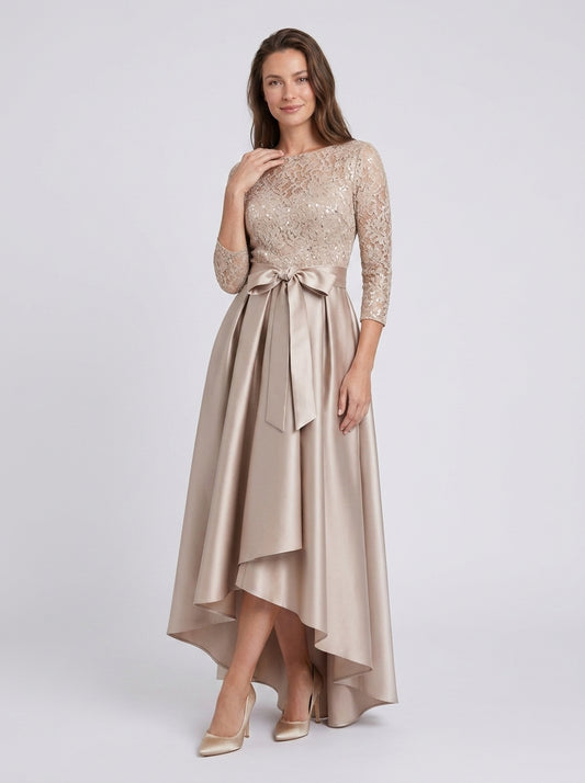 Elegant Champagne Sequin-Lace Satin A-Line Bateau-Neck 3/4-Sleeve V-Back High-Low Mother of the Bride Dress