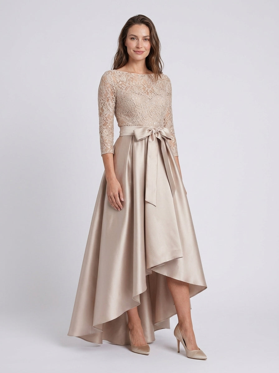 Elegant Champagne Sequin-Lace Satin A-Line Bateau-Neck 3/4-Sleeve V-Back High-Low Mother of the Bride Dress