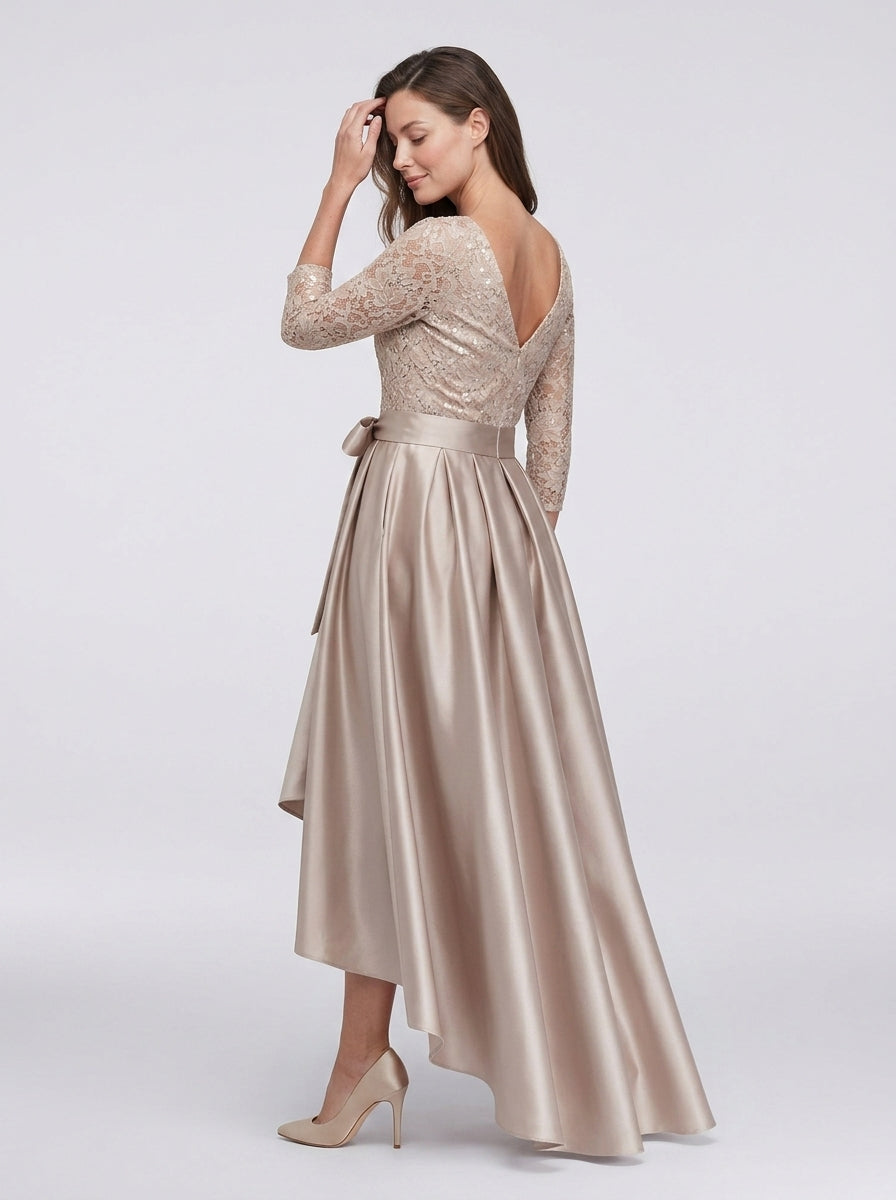 Elegant Champagne Sequin-Lace Satin A-Line Bateau-Neck 3/4-Sleeve V-Back High-Low Mother of the Bride Dress