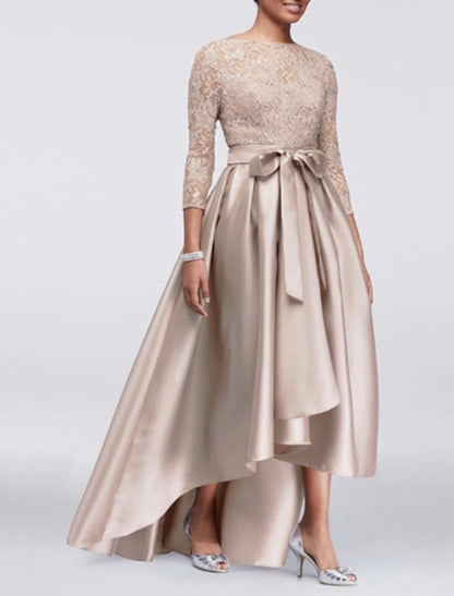 Elegant Champagne Sequin-Lace Satin A-Line Bateau-Neck 3/4-Sleeve V-Back High-Low Mother of the Bride Dress