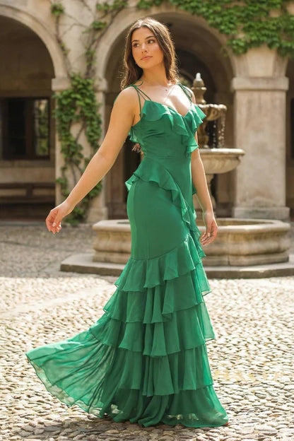Elegant Chiffon Mermaid Sweetheart Sleeveless Lace-Up Back Floor-Length Ruffled Evening Dresses