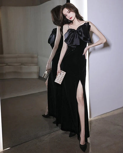 Elegant Column Sweetheart Sleeveless Bow Slit Black Long Evening Dresses Women