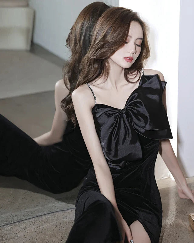 Elegant Column Sweetheart Sleeveless Bow Slit Black Long Evening Dresses Women