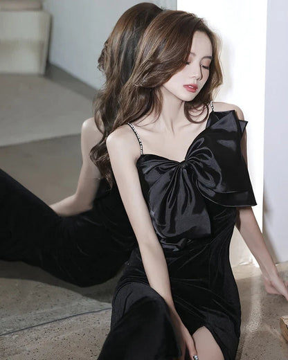 Elegant Column Sweetheart Sleeveless Bow Slit Black Long Evening Dresses Women