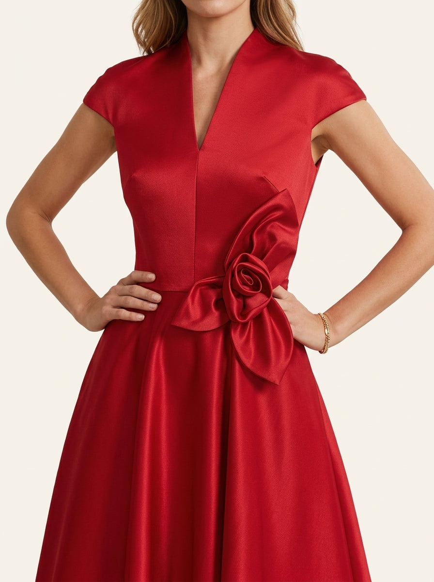 Red Satin A-line V Neck Cap Sleeve Solid Back Ankle Length Mother of the Bride Dress