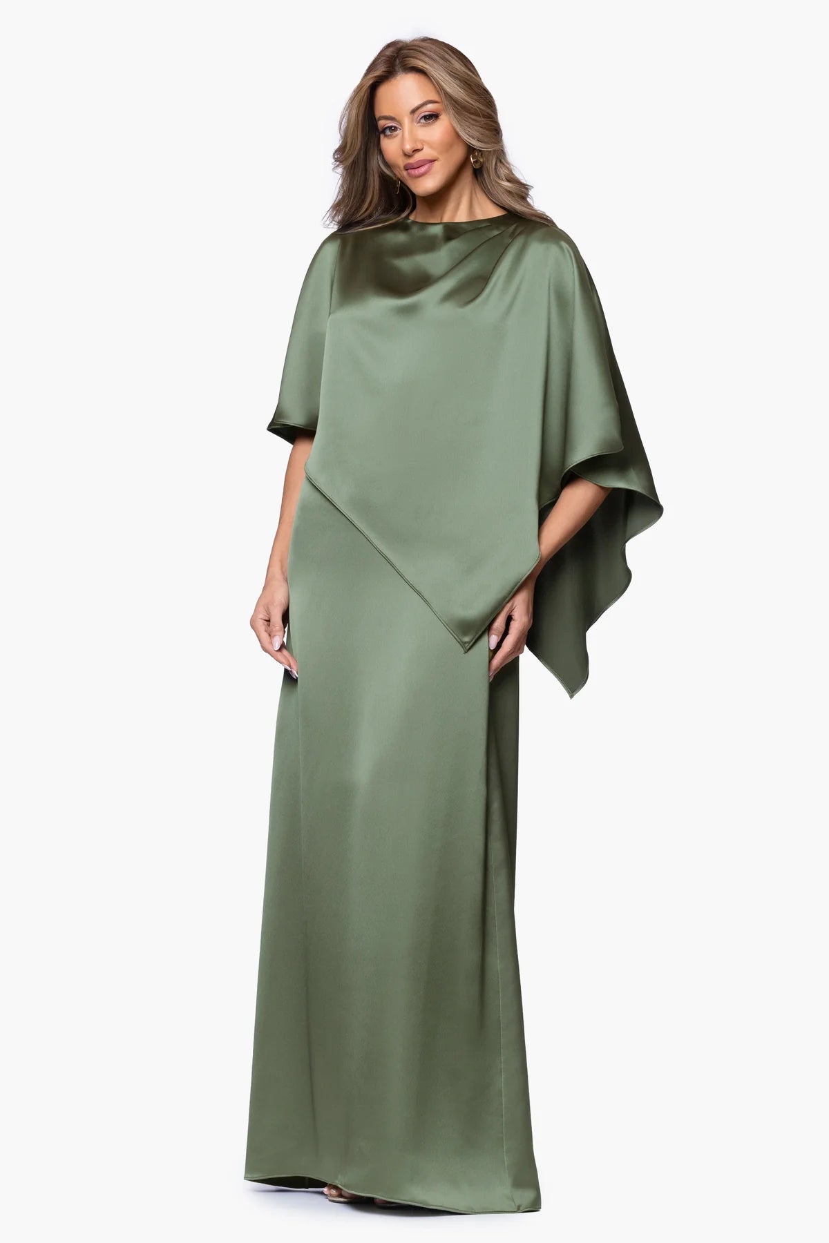 Elegant Draped Column Boat Neck Short Cape Sleeve Keyhole Back Floor-Length Evening Dresses