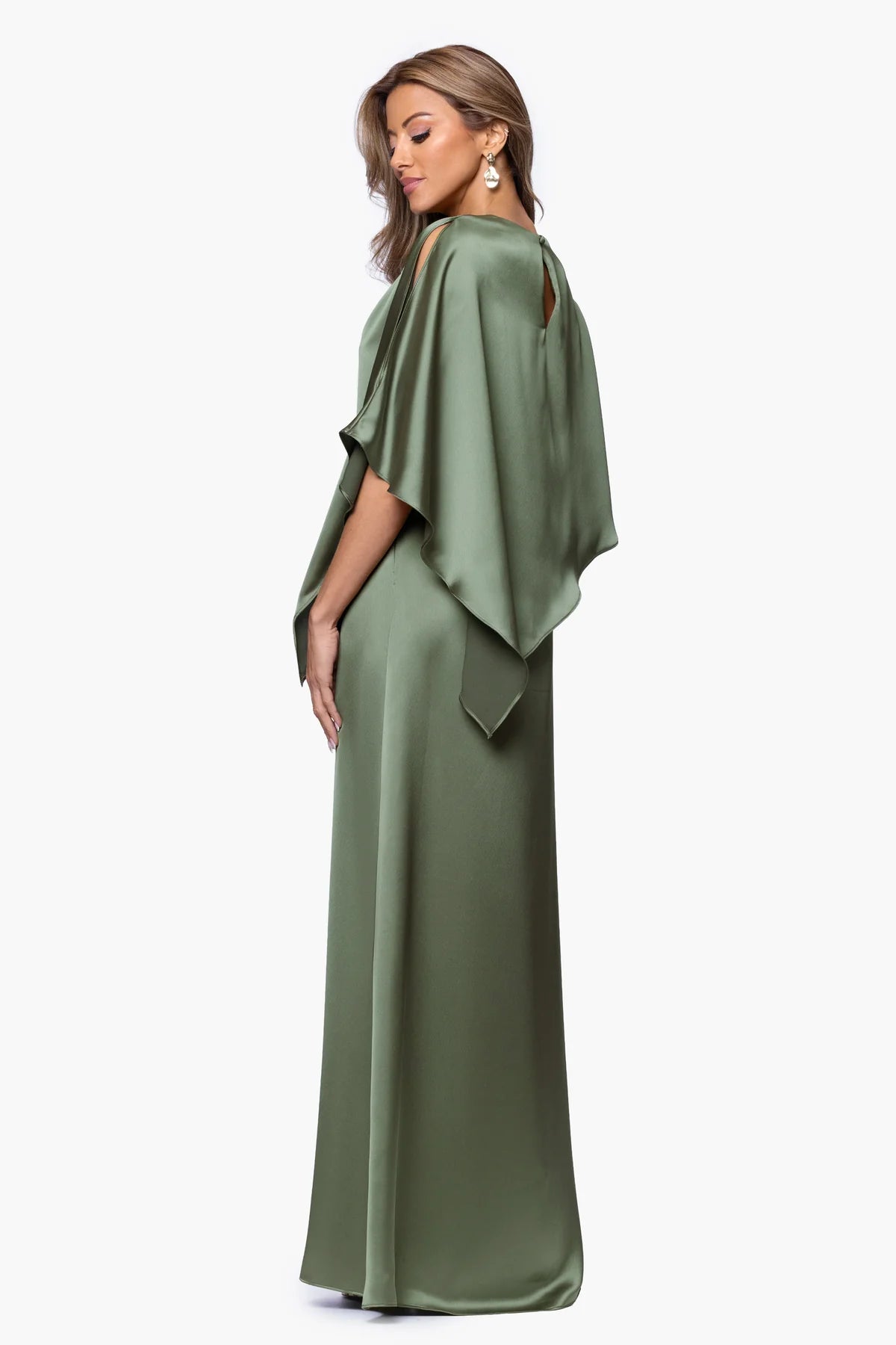 Elegant Draped Column Boat Neck Short Cape Sleeve Keyhole Back Floor-Length Evening Dresses
