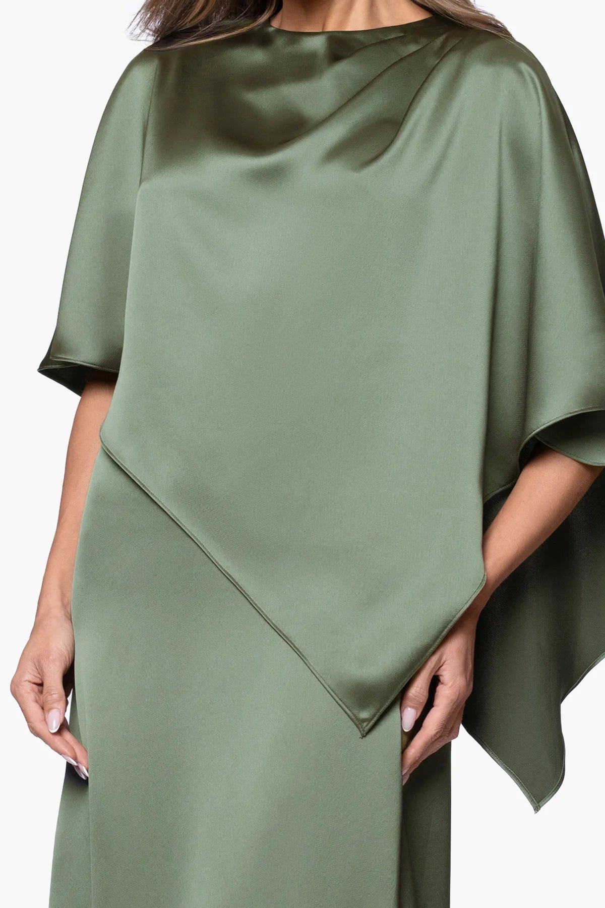 Elegant Draped Column Boat Neck Short Cape Sleeve Keyhole Back Floor-Length Evening Dresses
