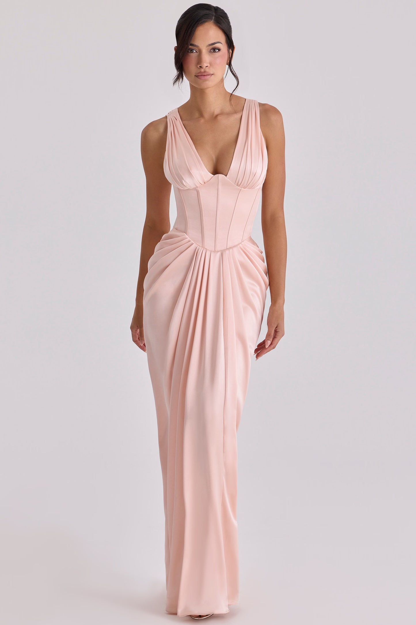 Elegant Draped Plunge V-Neck Sleeveless Low V-Back Floor-Length Corset Bodice Evening Dresses