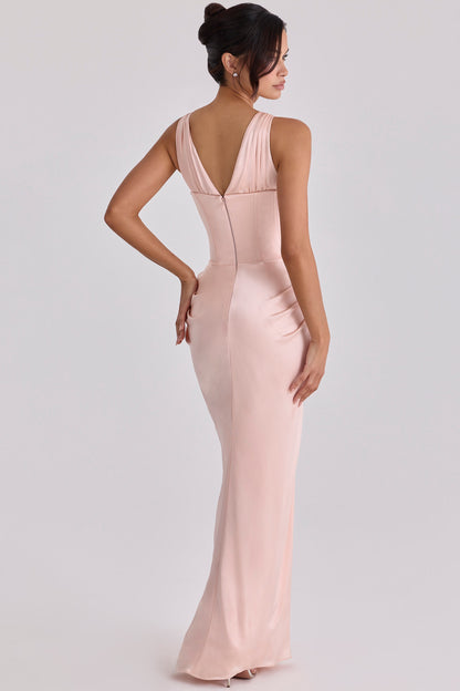 Elegant Draped Plunge V-Neck Sleeveless Low V-Back Floor-Length Corset Bodice Evening Dresses