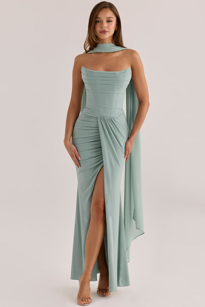 Elegant Draped Sheath Strapless Sleeveless Maxi Evening Dress with High Slit and Detachable Scarf