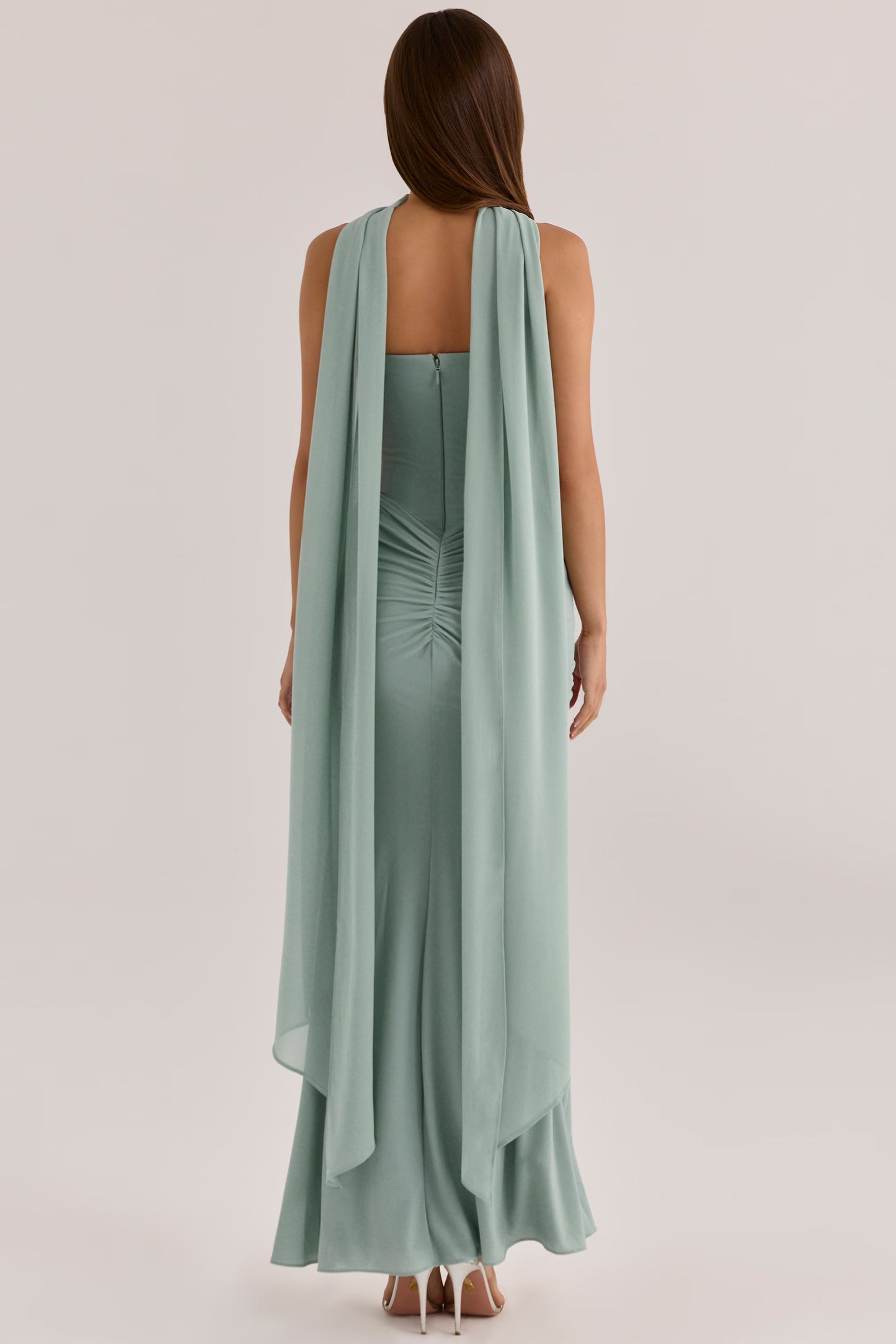 Elegant Draped Sheath Strapless Sleeveless Maxi Evening Dress with High Slit and Detachable Scarf