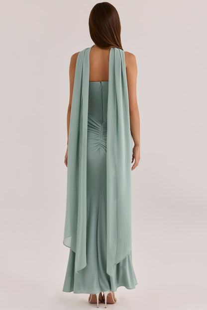 Elegant Draped Sheath Strapless Sleeveless Maxi Evening Dress with High Slit and Detachable Scarf
