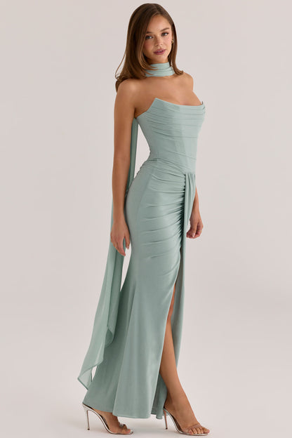 Elegant Draped Sheath Strapless Sleeveless Maxi Evening Dress with High Slit and Detachable Scarf
