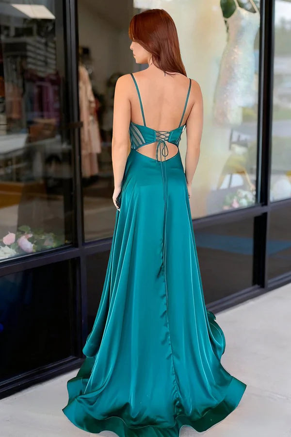 Elegant Emerald Green A-Line Sweetheart Spaghetti Straps Lace-Up Back Floor-Length High Slit Evening Dresses