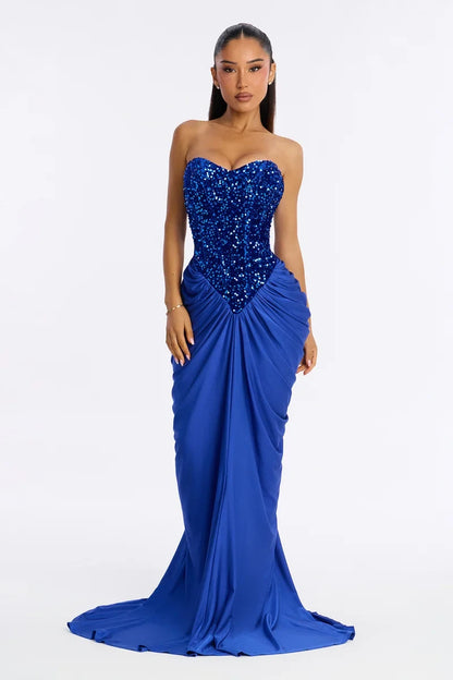 Elegant Fitted Sweetheart Strapless Sequin Ruched Blue Maxi Evening Dresses Women