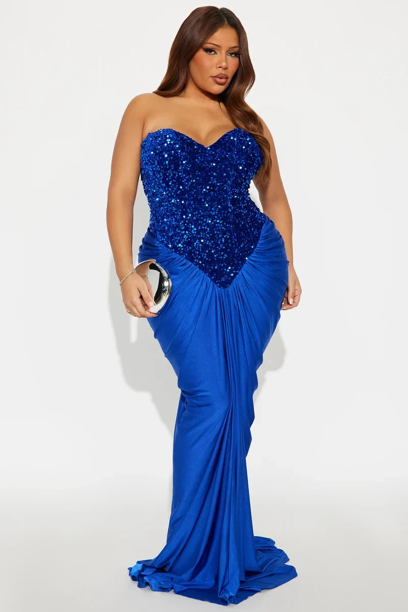 Elegant Fitted Sweetheart Strapless Sequin Ruched Blue Maxi Evening Dresses Women