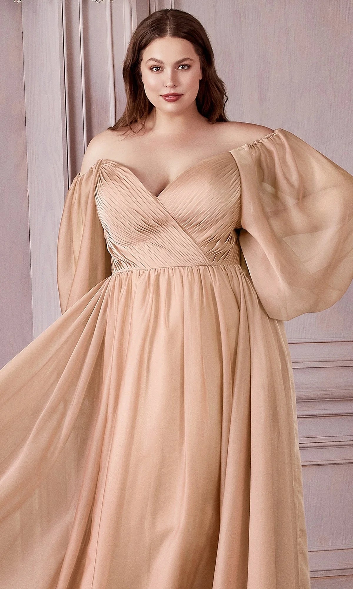 Elegant Flowy A-Line Off The Shoulder Long Sleeve Back Zipper Floor-Length Evening Dresses