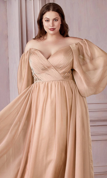 Elegant Flowy A-Line Off The Shoulder Long Sleeve Back Zipper Floor-Length Evening Dresses