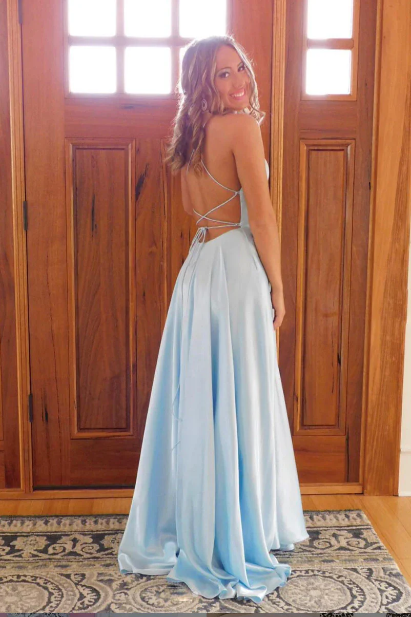 Elegant Satin A-Line Scoop Neck Lace-Up Open Back Floor-Length Prom Dress