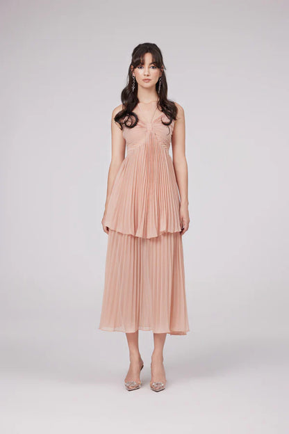 Elegant Flowy Pleated V-Neck Sleeveless Strappy Back Midi Tiered Chiffon Evening Dresses