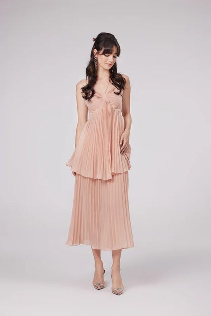 Elegant Flowy Pleated V-Neck Sleeveless Strappy Back Midi Tiered Chiffon Evening Dresses