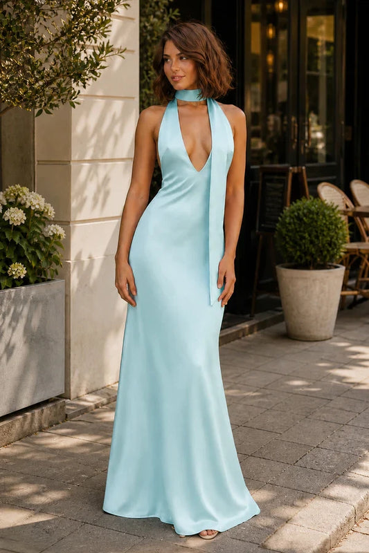 Elegant Halter Deep V-neck Sleeveless Backless Floor-length Sheath Evening Dresses with Lace-up Detail