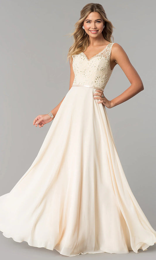 Elegant Lace Beaded A-Line V-Neck Sleeveless Open Back Floor-Length Evening Dress