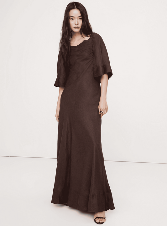 Elegant Linen A Line Square Neck Flounce Sleeve Tie Back Maxi Evening Dresses