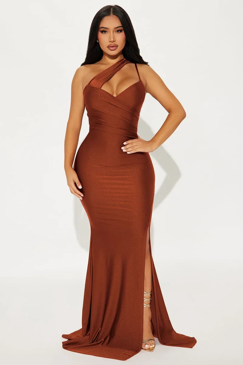Elegant Mermaid Asymmetrical Sleeveless Ruched Slit Rust Maxi Evening Dresses Women