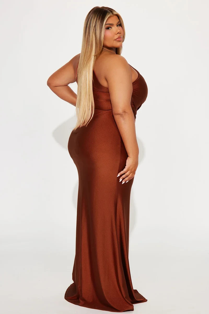Elegant Mermaid Asymmetrical Sleeveless Ruched Slit Rust Maxi Evening Dresses Women